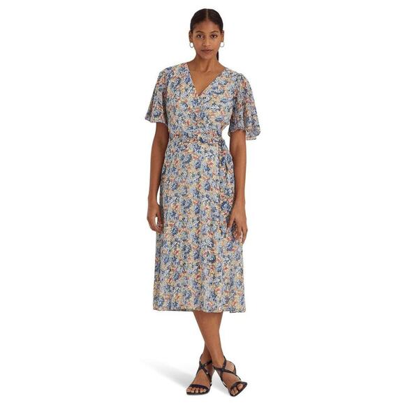 Lauren Ralph Lauren Floral Georgette Faux Wrap Midi Dress 18 NWT Belted Romantic - Picture 2 of 15